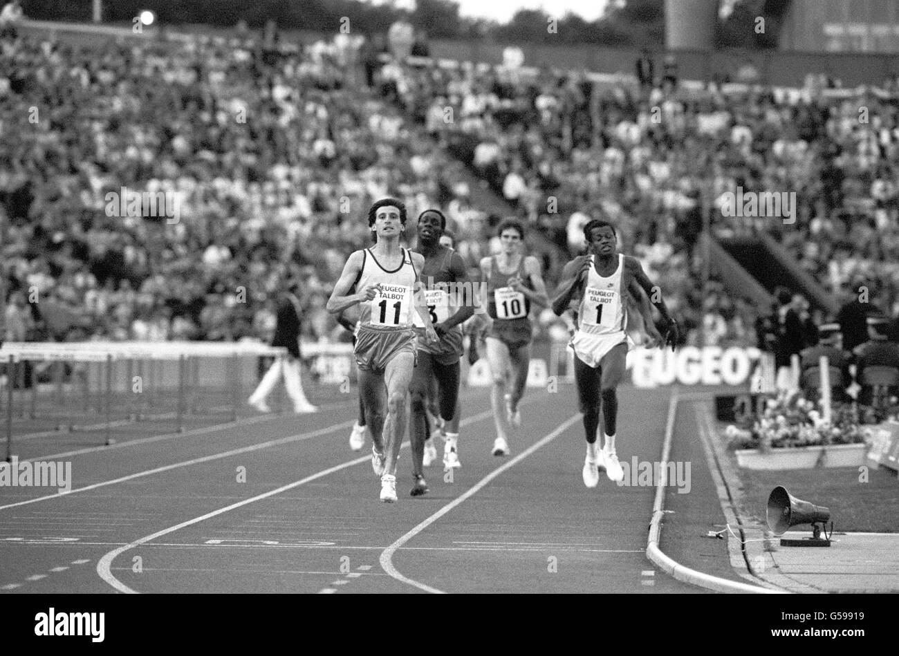 Englands Sebastian Coe (No 11) gewann die 800 Meter in 1 min 44.34 s. An zweiter Stelle stand Jose-Luis Barbosa (Brasilien) (Nr. 1) und an dritter Stelle John Marshall (USA) (Nr. 3). Stockfoto