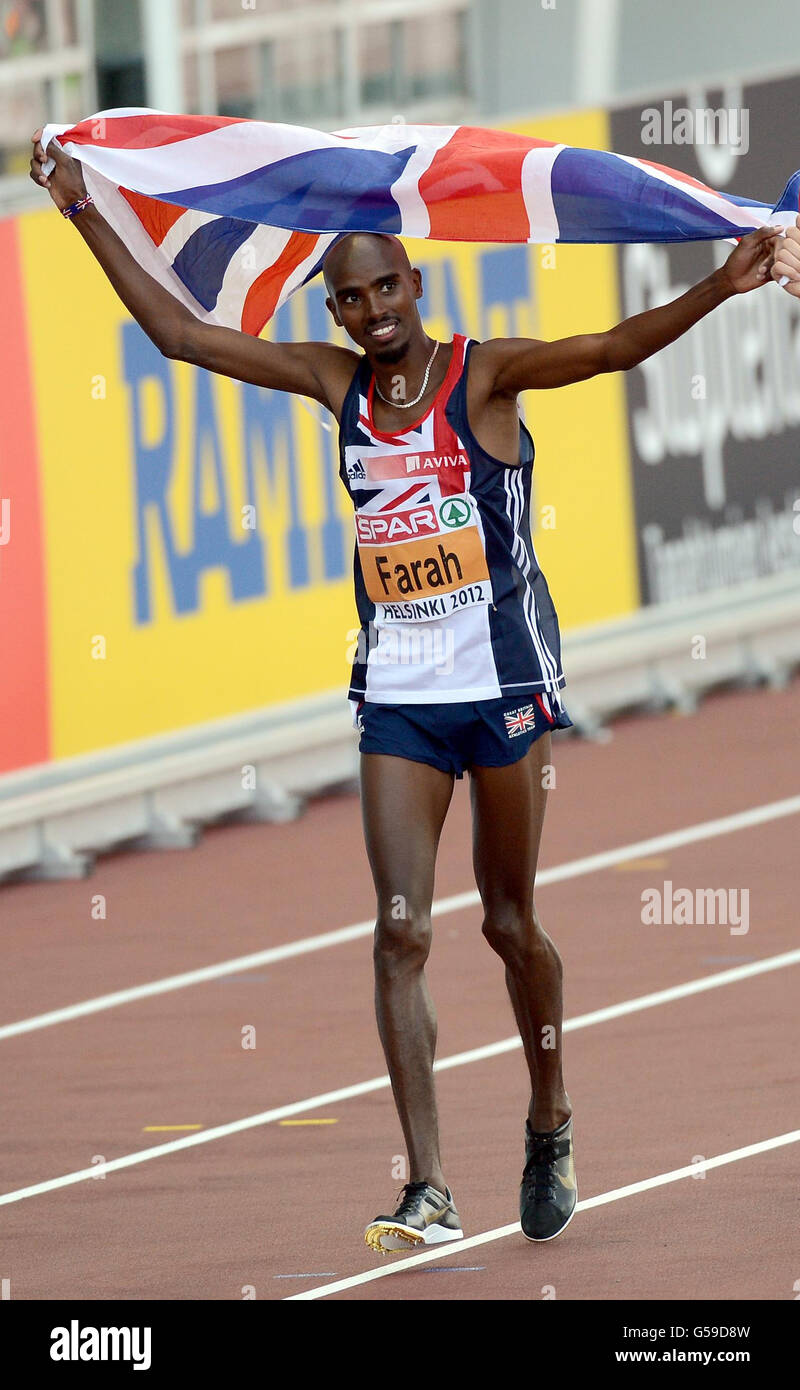 Der Brite Mo Farah gewinnt am Tag einer der 21. Leichtathletik-Europameisterschaften im Helsinki Olympic Stadium in Helsinki die 5000 Meter. Stockfoto