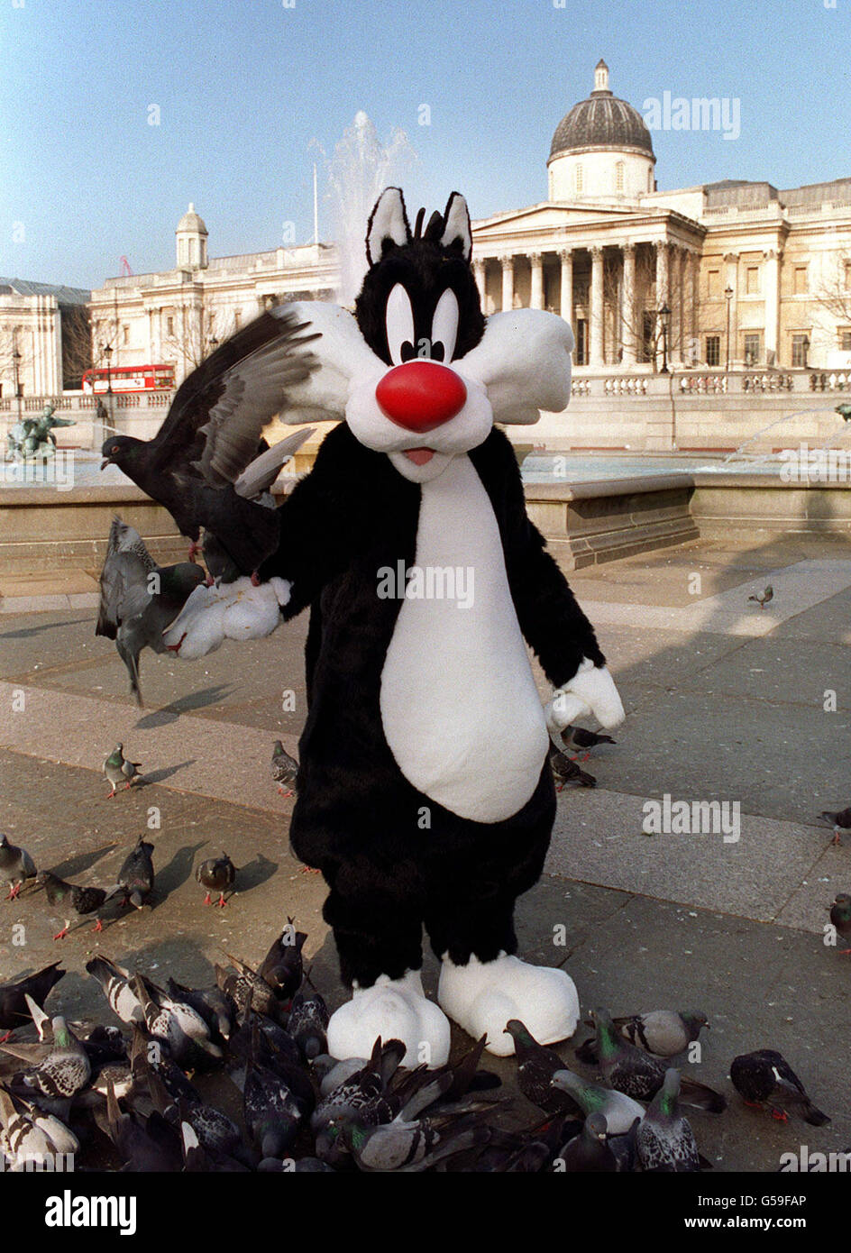 Warner Bros Charakter Sylvester jagt Tauben während der Lancierung von Looney Tunes Live auf der Bühne im Trafalgar Square, London. Die Looney Tunes Show, eine Adaption des Pantomime-Formats, wird am 21. Februar 2001 in Wolverhampton eröffnet. *..., dann geht es auf eine 15-Tage-Tour durch das Land. Stockfoto Warner Bros Charakter Sylvester jagt Tauben während der Lancierung von Looney Tunes Live auf der Bühne im Trafalgar Square, London. Die Looney Tunes Show, eine Adaption des Pantomime-Formats, wird am 21. Februar 2001 in Wolverhampton eröffnet. *..., dann geht es auf eine 15-Tage-Tour durch das Land. Stockfoto