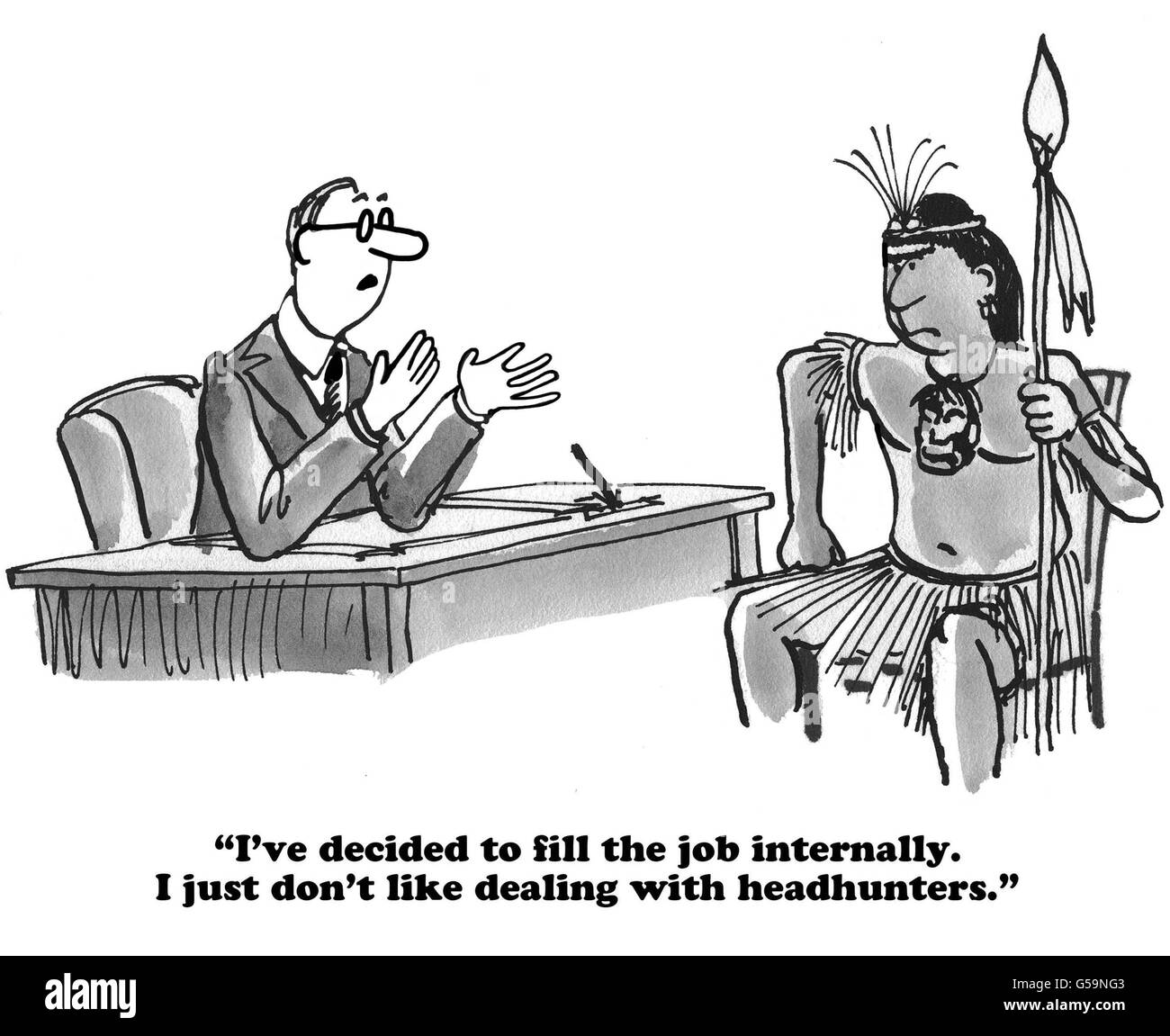 Geschäftliche Karikatur über einen Job intern zu füllen, anstatt Arbeit mit Headhunter. Stockfoto
