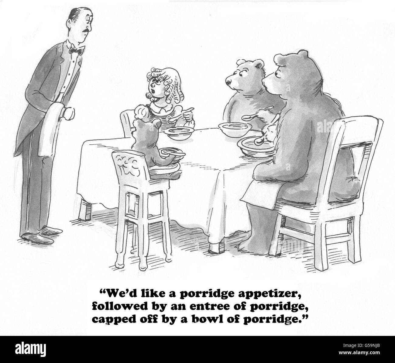 Cartoon über Bären wollen Porridge mit jeder Mahlzeit-Kurs. Stockfoto