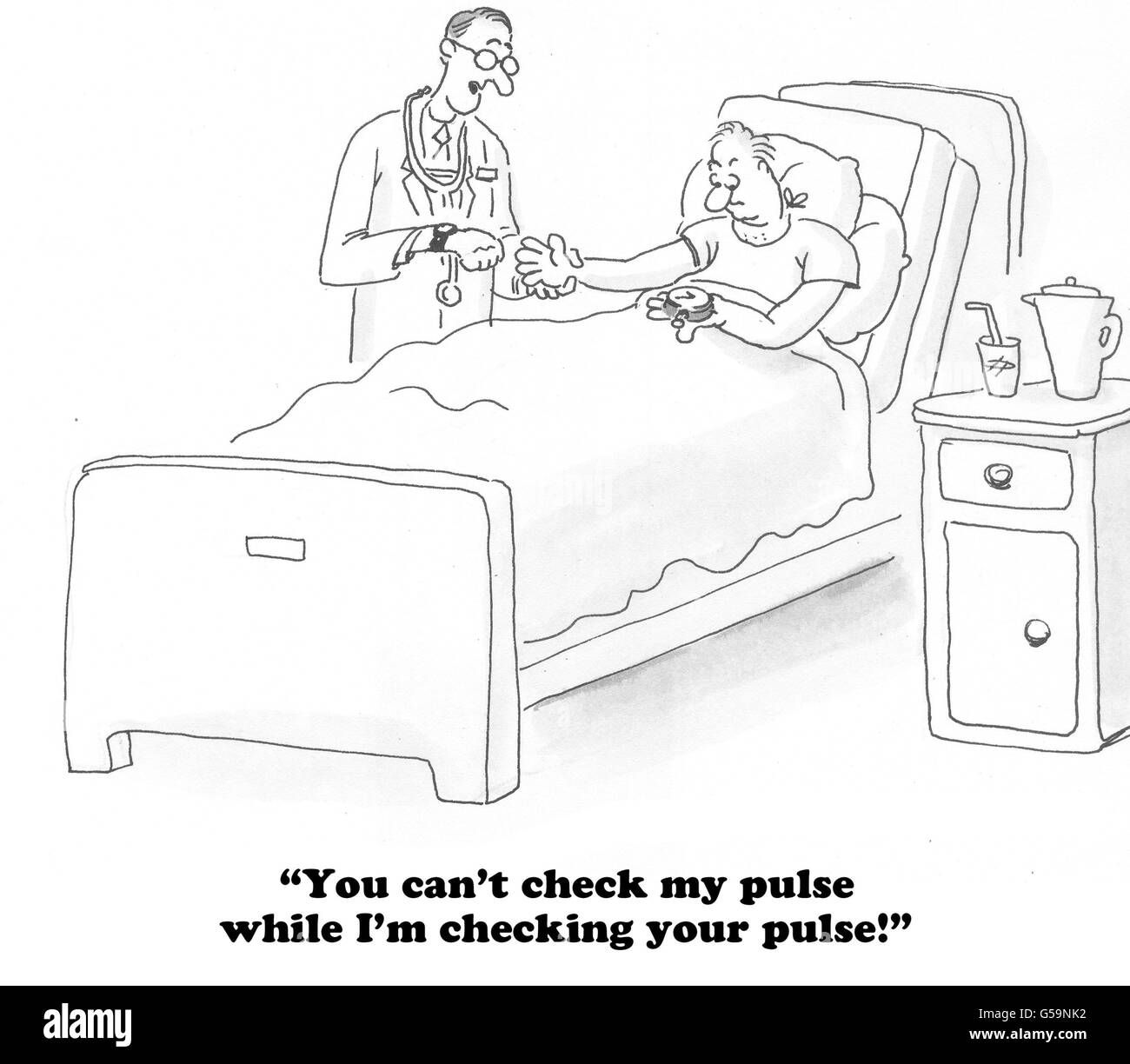 Medizinischen Karikatur über Puls überprüfen. Stockfoto