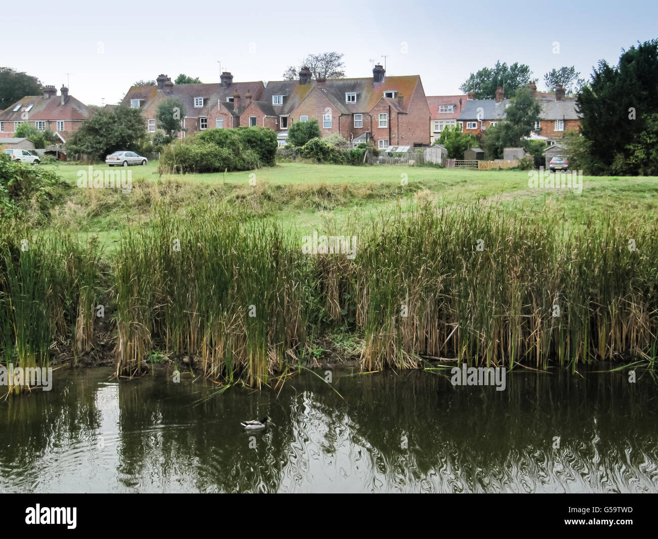 Graben und Häusern in Rye, East Sussex, England, Vereinigtes Königreich Stockfoto