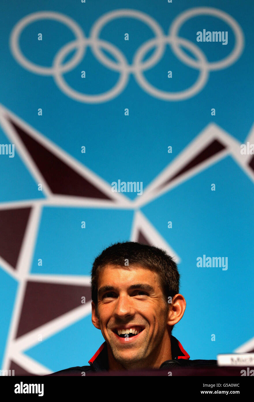 Olympische Spiele In London - Aktivitäten Vor Den Spielen - Donnerstag. Der US-Schwimmer Michael Phelps bei der Pressekonferenz im MPC, Olympic Park, London. Stockfoto