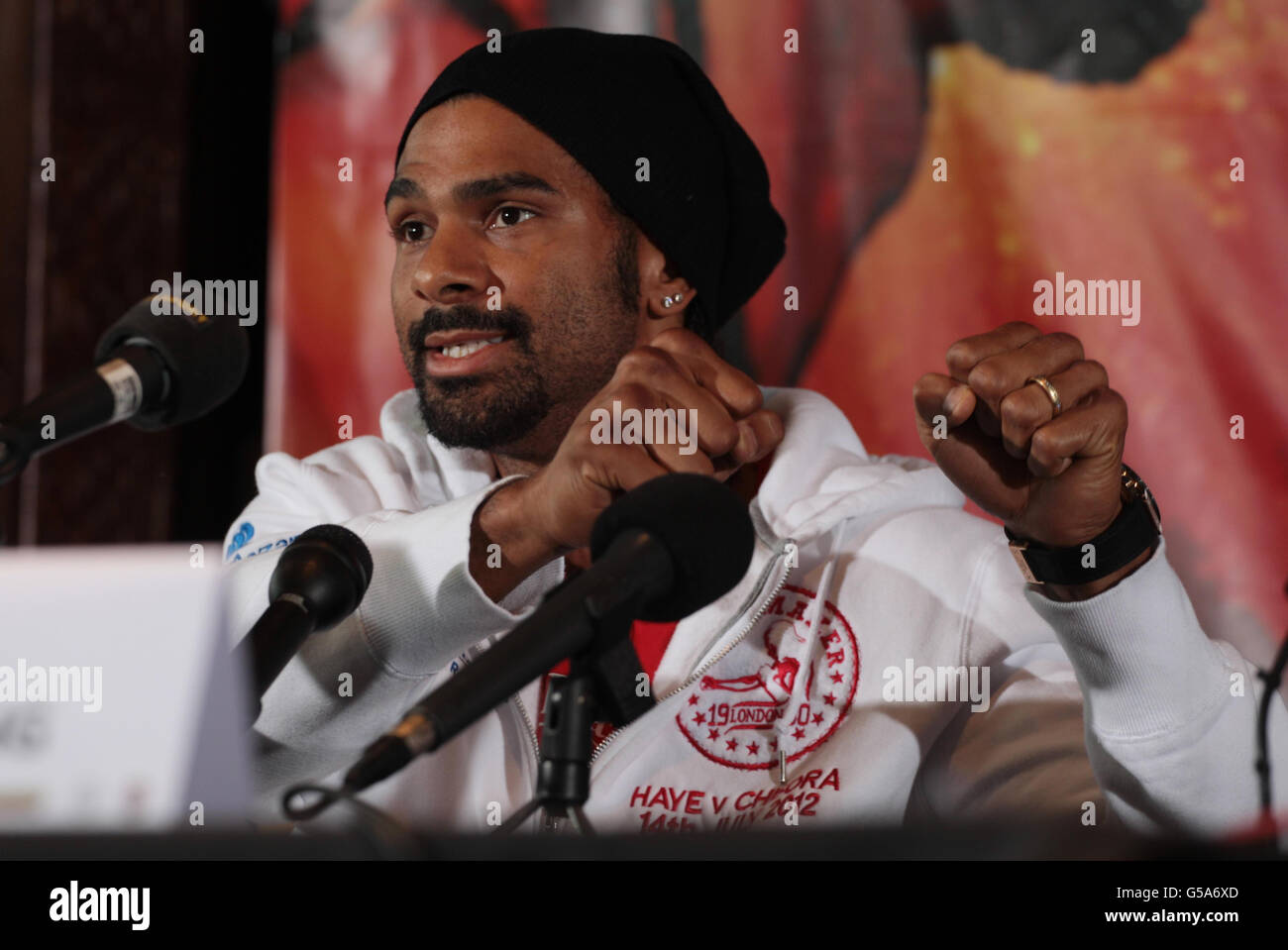 David Haye spricht während des Head to Head im Gilgamesh Restaurant Bar and Lounge in London mit der Presse. Stockfoto