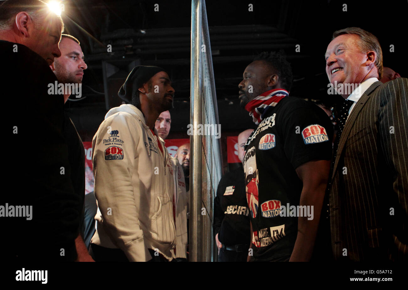 Boxen - David Haye V Dereck Chisora - Kopf an Kopf - Gilgamesch Restaurant Bar und Lounge Stockfoto