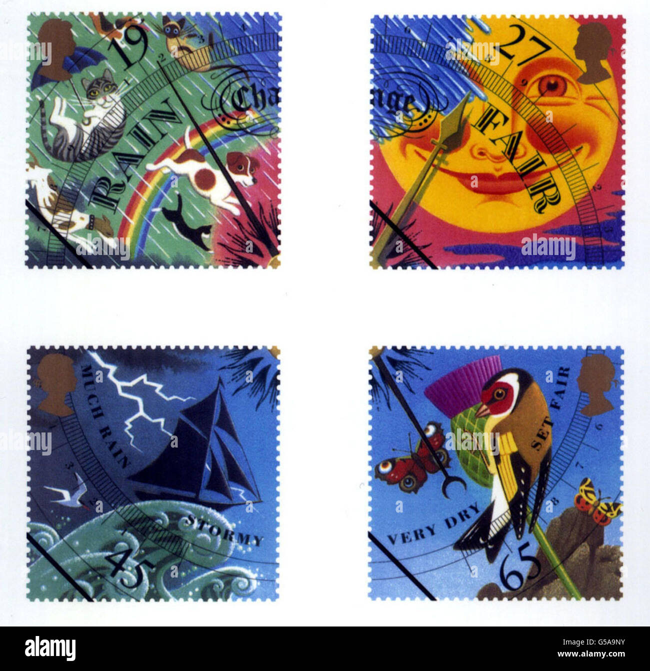 Royal Mail's Heat Sensitive 'Weather' Special Edition Briefmarken, die ab März 15 2001 bei der Post zur Verfügung gestellt werden. Stockfoto