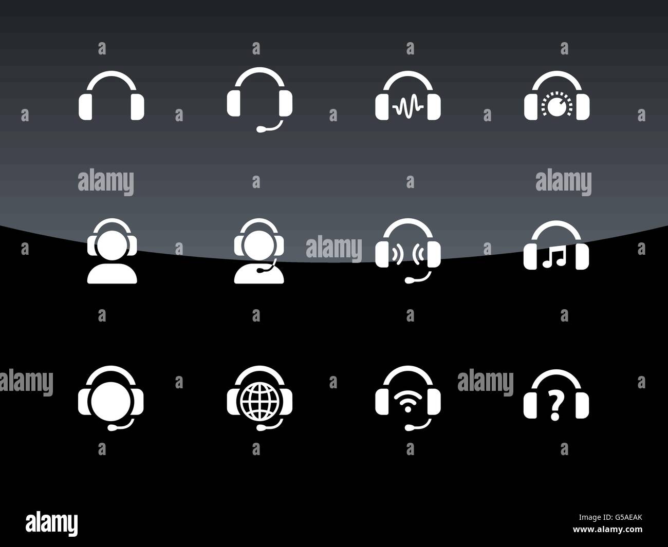 Kopfhörer-Symbole auf schwarzem Hintergrund. Stock Vektor