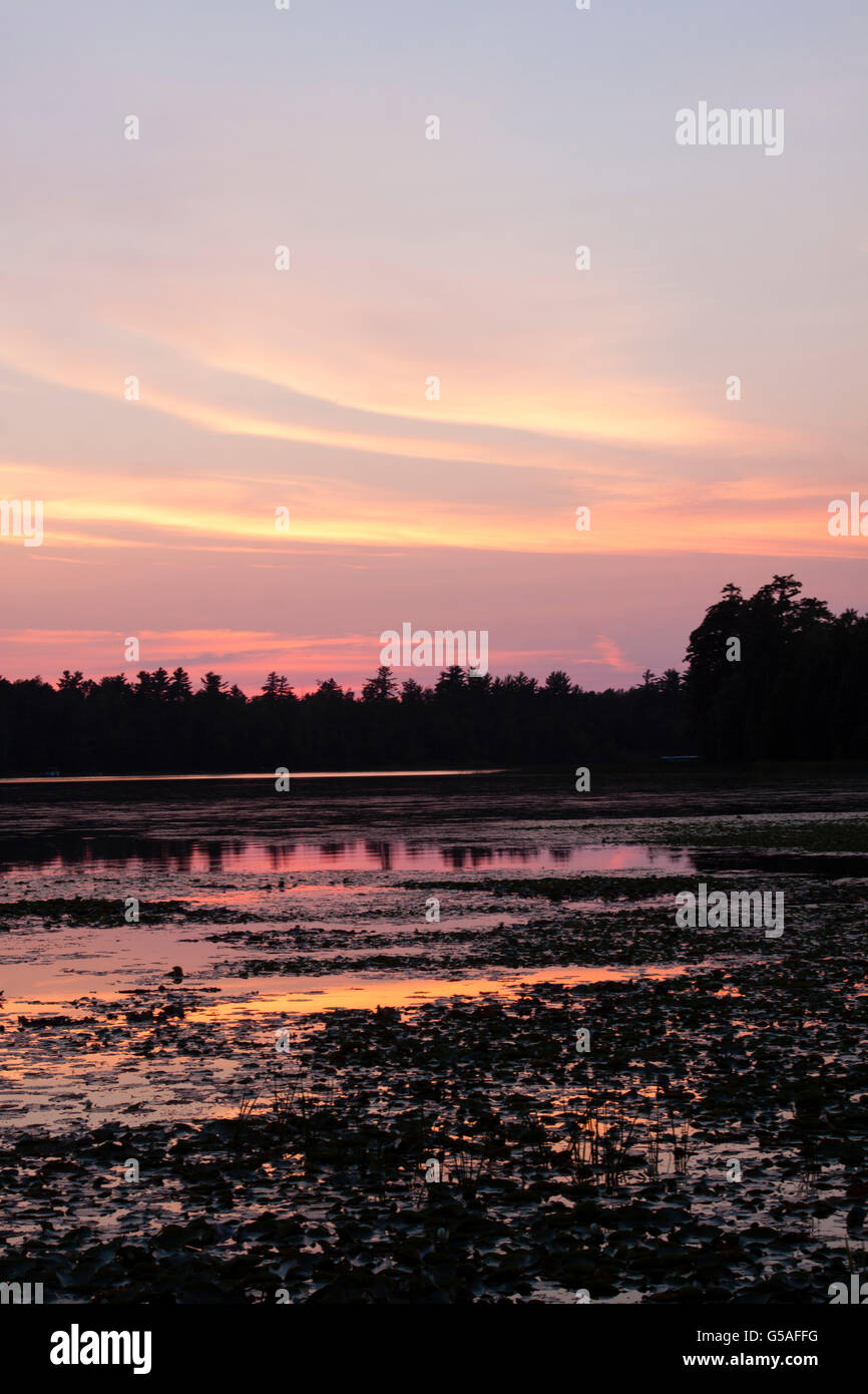 Rosa Sonnenuntergang am Muskellunge See in Eagle River, Wisconsin Stockfoto