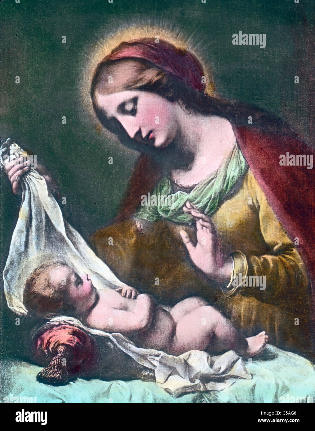 Maria Mit Dem Art.  Weihnachten, 19. Jahrhundert, 1910er Jahre, 1920er-Jahre des 20. Jh., Madonna mit Kind, Gemälde von Carlo Dolci, archivieren, Carl Simon, Geschichte, historische, Maria, Heilige Mutter, Jungfrau, Kind, Baby, Jesus, Malerei, Carlo Dolci, 1616-1686, hand Farbglas-Folie Stockfoto