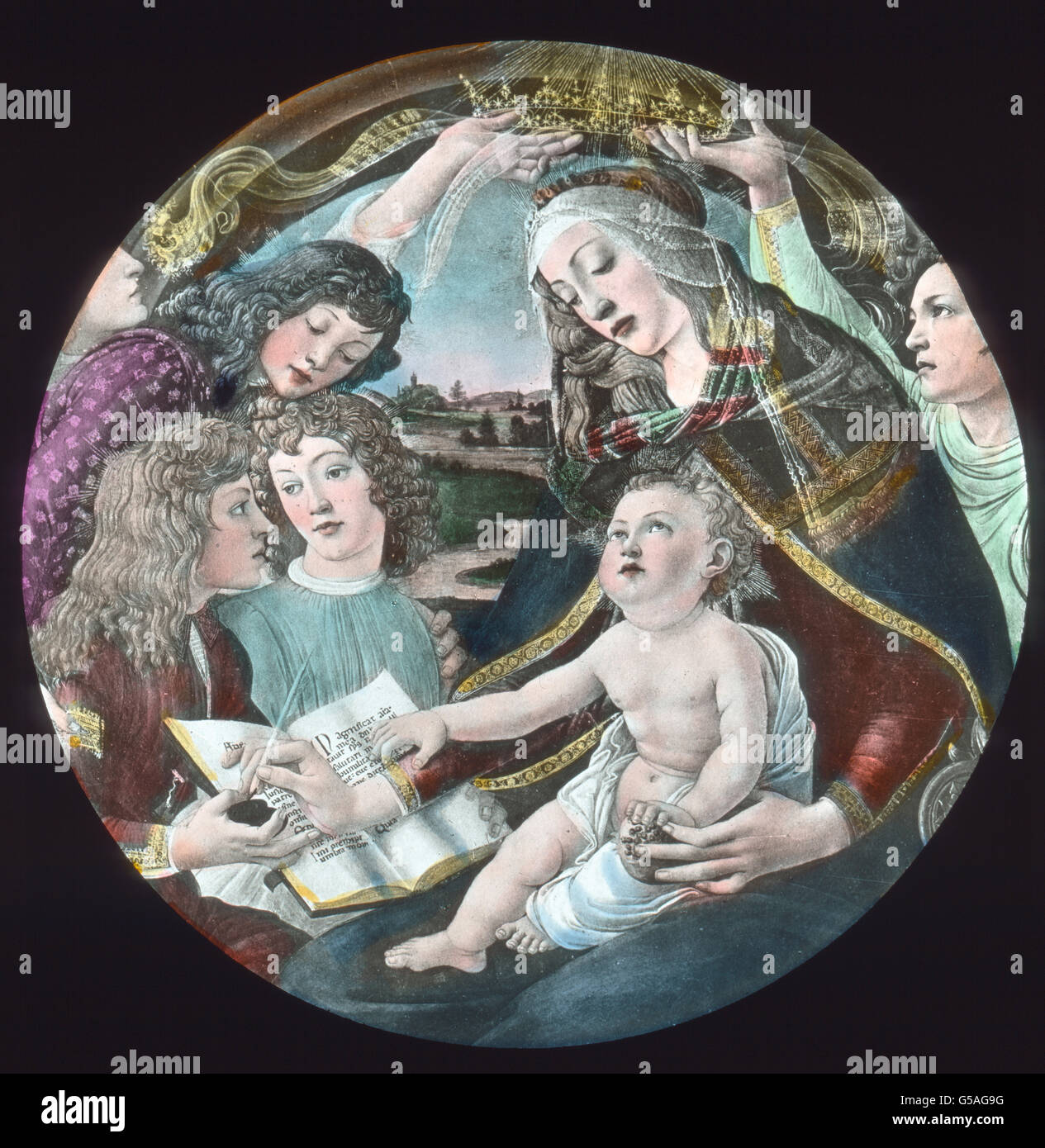 Maria Mit Dem Art. Gemälde von Botticelli.  Weihnachten, 19. Jahrhundert, 1910er Jahre, 1920er-Jahre des 20. Jahrhunderts, archivieren, Madonna mit Kind, Magnificat, Gemälde von Sandro Botticelli, Carl Simon, Geschichte, historisch, Malerei, Madonna, Kind, baby, Jesus, Engel, detail, Sandro Botticelli, 1445-1510, farbigem Glas Folie von hand Stockfoto