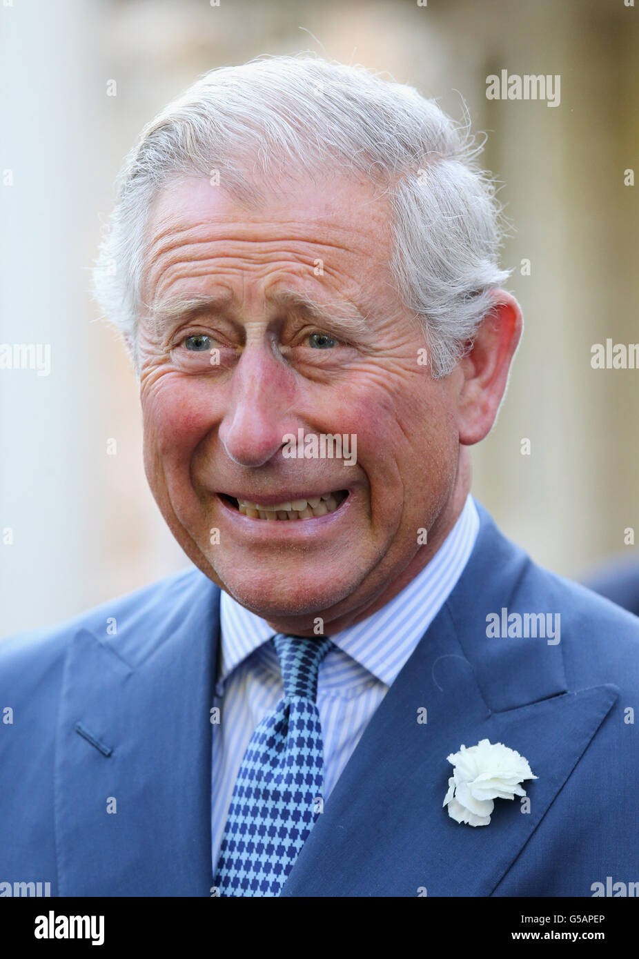 Der Prinz von Wales lacht während eines Empfangs für Delegierte der Global Investment Conference im Garten des Clarence House, London. Stockfoto