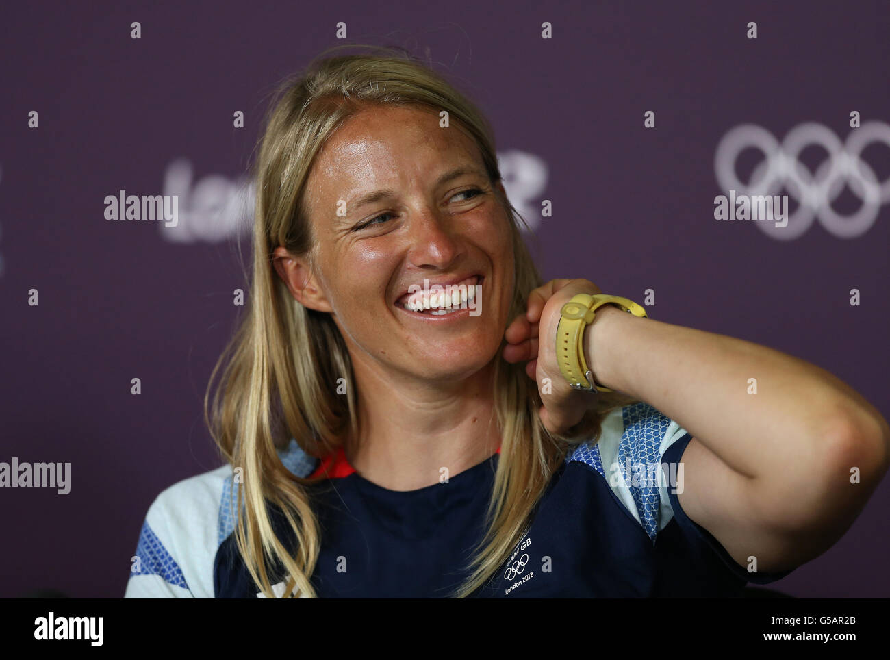 Die britische Saskia Clark bei der Pressekonferenz im Main Press Centre im Olympic Park, London. Stockfoto