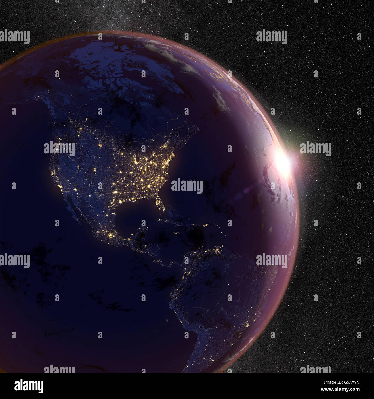 Planetenerde. Himmel und Stadt Nachtlichter (von Nord- und Südamerika) mit beleuchteten und detaillierte Straßenkarte Netzwerk. Stockfoto