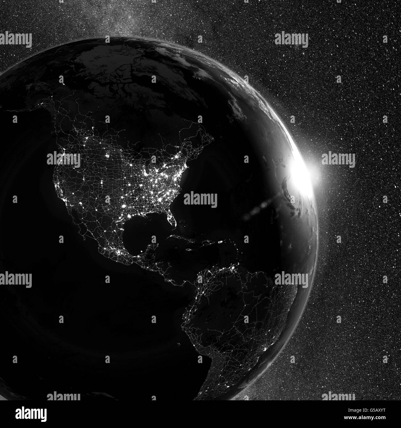 Planetenerde. Himmel und Stadt Nachtlichter (von Nord- und Südamerika) mit beleuchteten und detaillierte Straßenkarte Netzwerk. Stockfoto