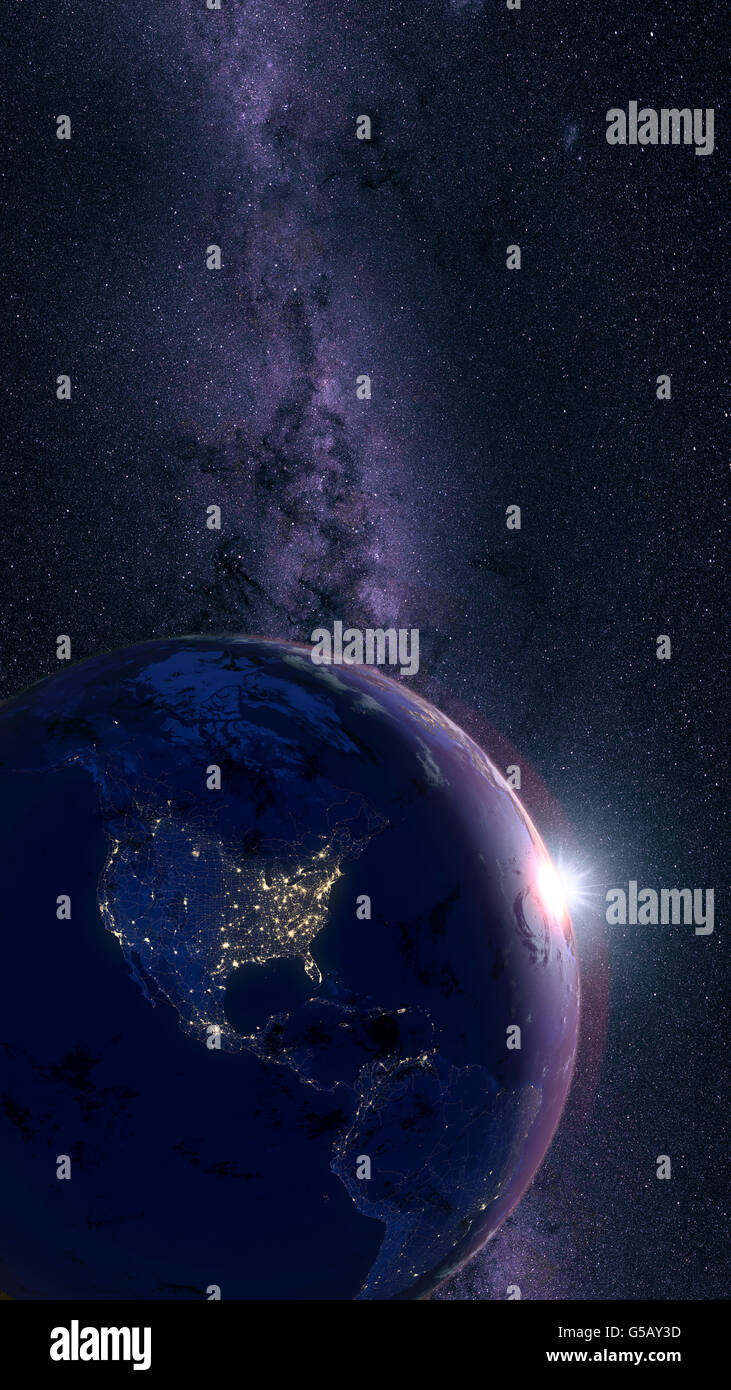 Planetenerde. Himmel und Stadt Nachtlichter (von Nord- und Südamerika) mit beleuchteten und detaillierte Straßenkarte Netzwerk. Stockfoto