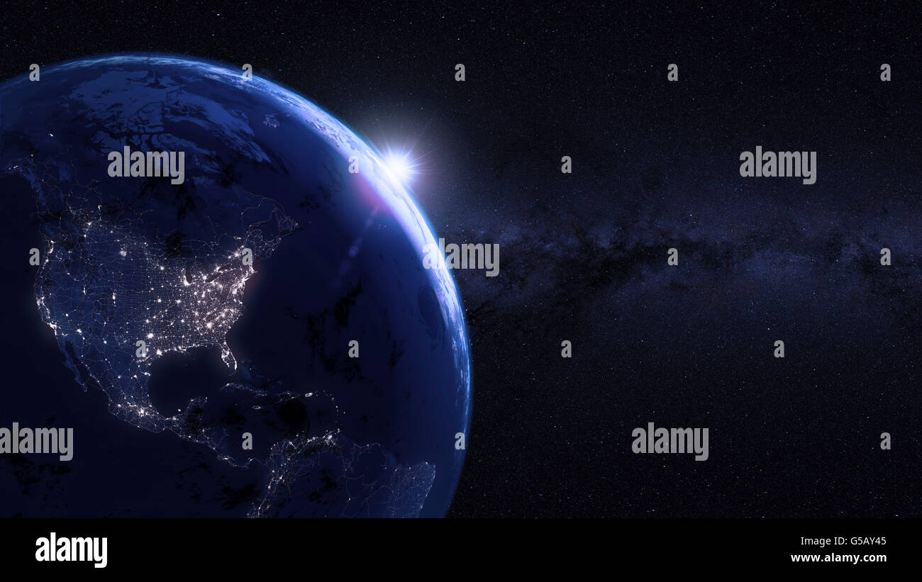 Planetenerde. Himmel und Stadt Nachtlichter (von Nord- und Südamerika) mit beleuchteten und detaillierte Straßenkarte Netzwerk. Stockfoto