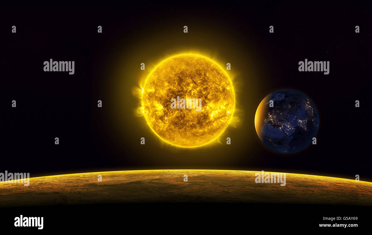 Erde und Sonne vom Mars beobachtet. Der Sonnen-Durchmesser beträgt ca. 109 mal die Erde. Stockfoto
