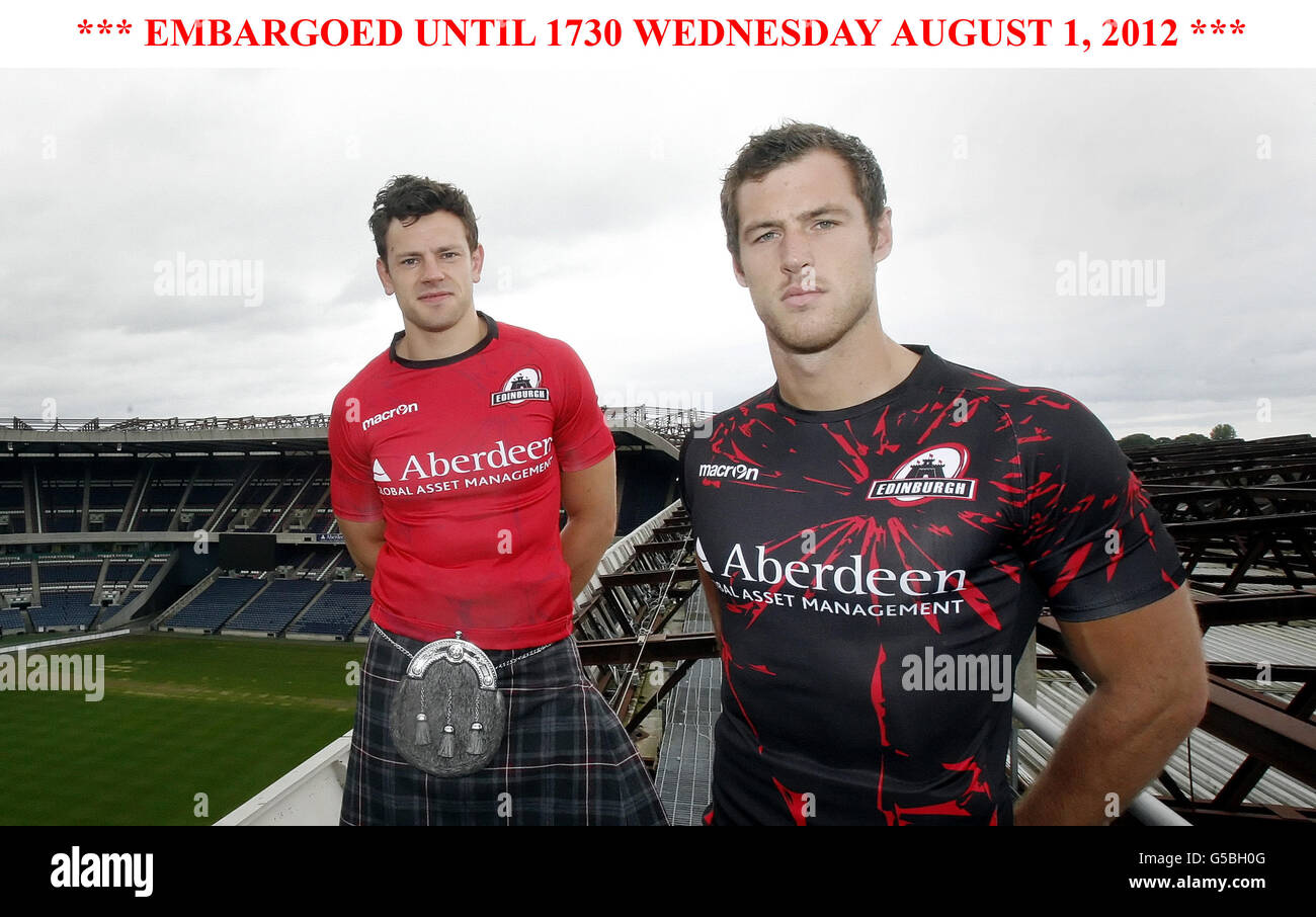 Edinburgh's Nick De Luca (links) und Tim Visser bei einem Kit Launch im Murrayfield Stadium, Murrayfield. Stockfoto