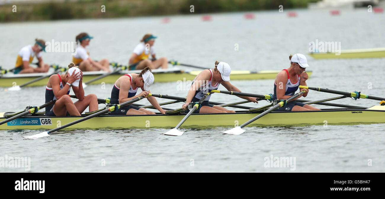 Das britische Team aus Melie Wilson, Debbie Flood, Frances Houghton und Beth Rodford beendete das Vierfachfinale der Frauen in Eton Dorney Lake, London, nach einem Medaillenrang. Stockfoto