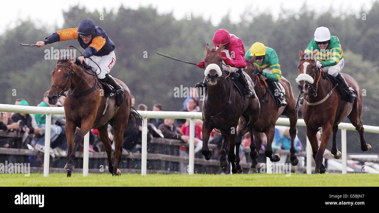 Rebel Fitz unter Davy Russell (links) gewinnt das Guinness Galway Hurdle Handicap beim Guinness Galway Hurdle Handicap Day des Galway Summer Festival auf der Galway Racecourse, Ballybrit. Stockfoto