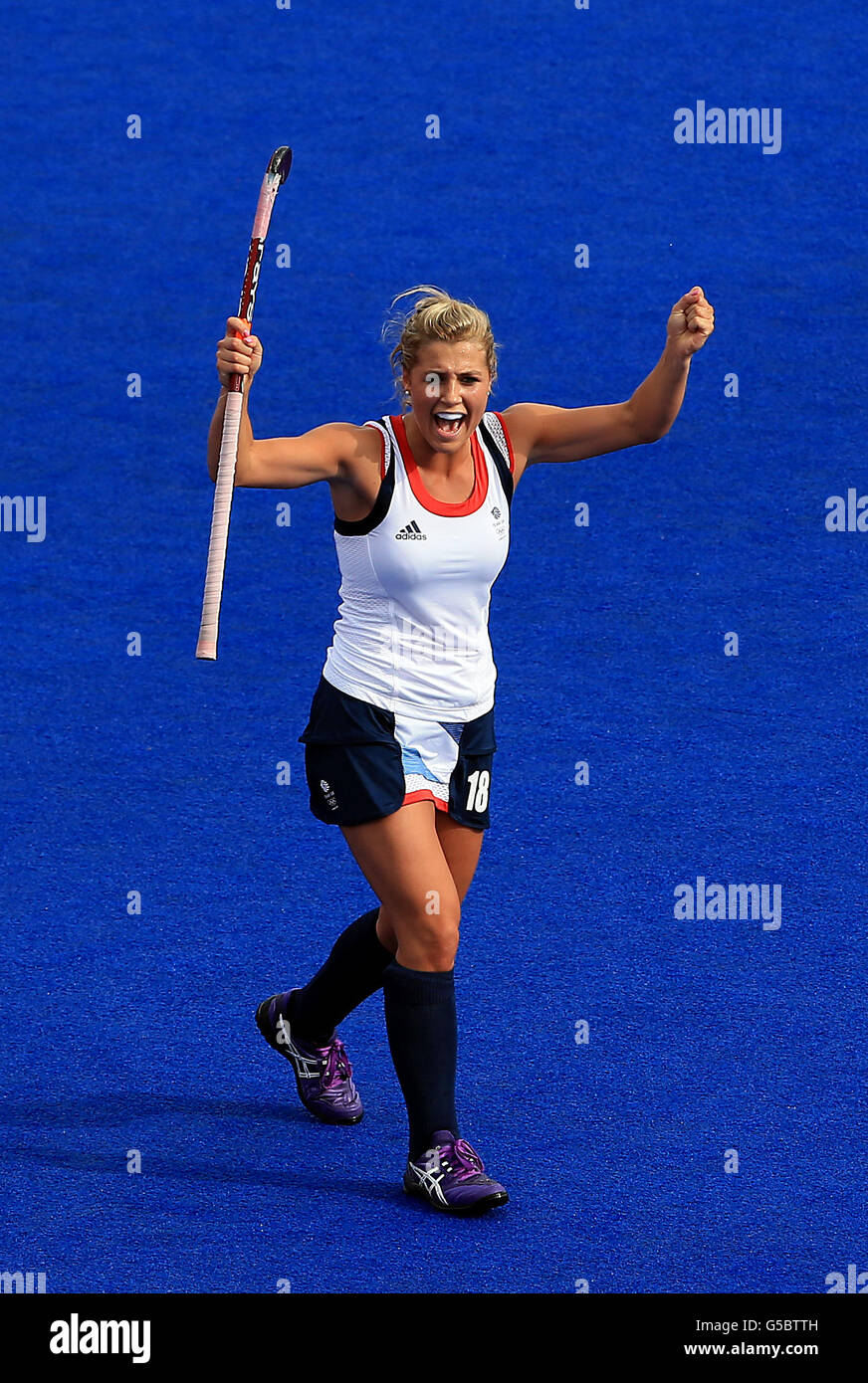 Der britische Georgie Twigg feiert in der Vorrunde Group GEGEN Südkorea EIN Hockey-Spiel in der Riverbank Arena im Olympiapark am vierten Tag der Olympischen Spiele 2012 in London. Stockfoto