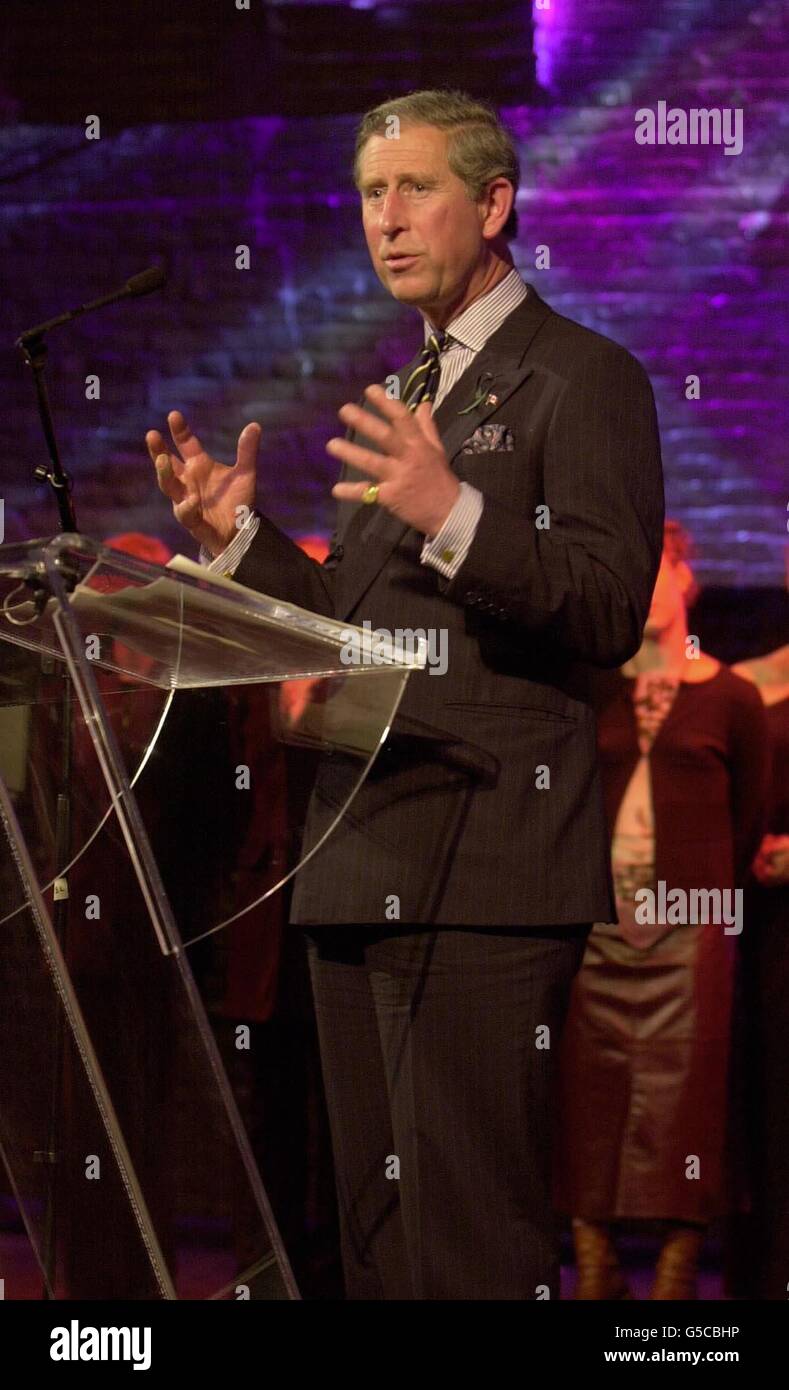 Der Prinz von Wales während seiner Rede in einer stillgehaltenen Brauerei in Toronto, Kanada. Der Prinz beendete seine 6-tägige Tour durch das nordamerikanische Land, indem er an einem Abendessen teilnahm, um die Werke der kanadischen Künstler zu feiern, bevor er nach der Show nach Hause flog. Stockfoto