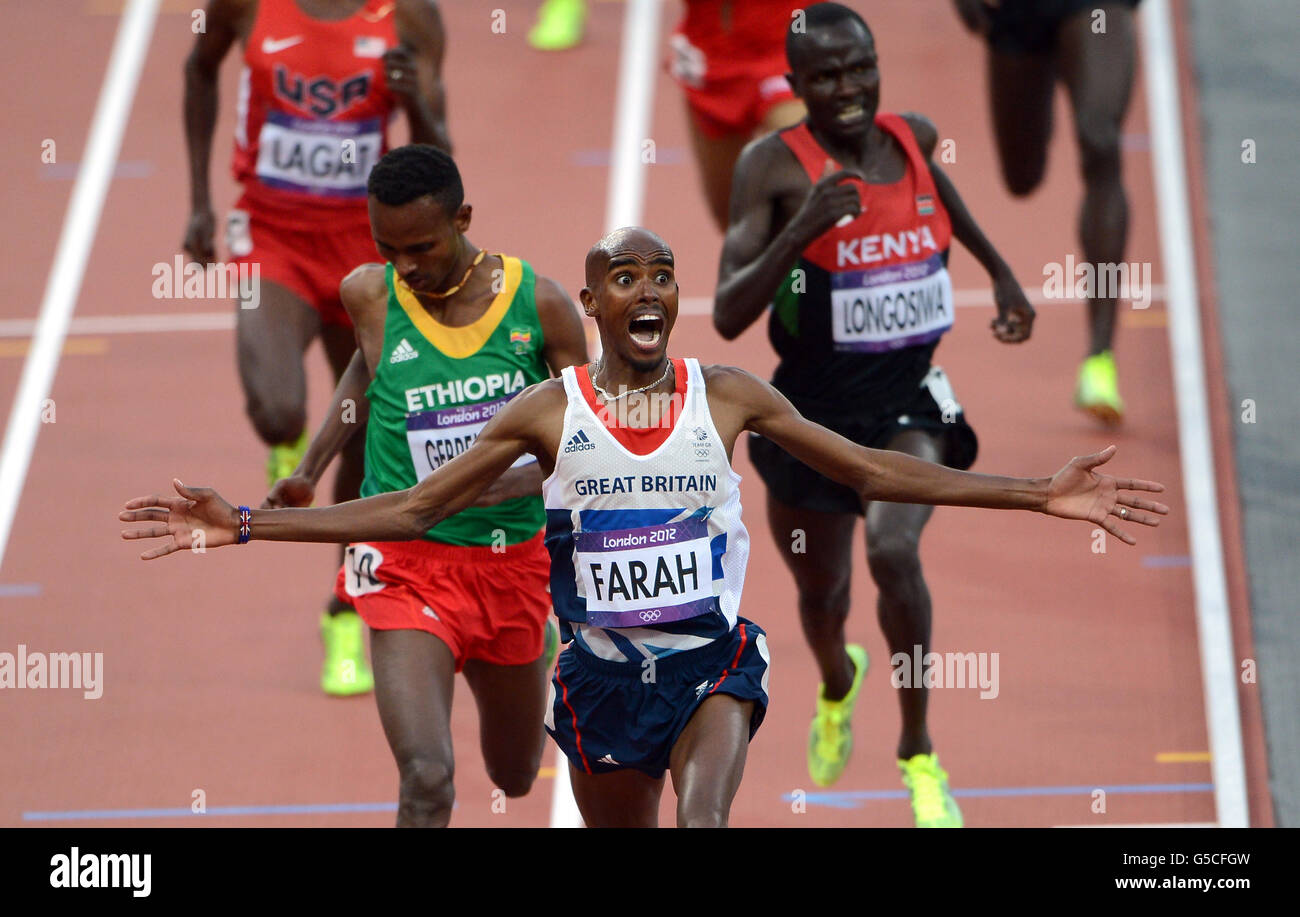Der Brite Mo Farah gewinnt am 15. Tag der Olympischen Spiele in London im Olympiastadion in London das 5000-m-Finale der Männer. Stockfoto