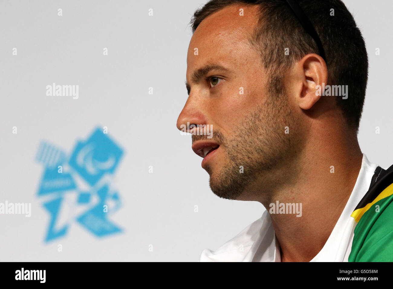 Südafrikas Oscar Pistorius bei einer Pressekonferenz im Hauptpressezentrum, Olympic Park, London. Stockfoto