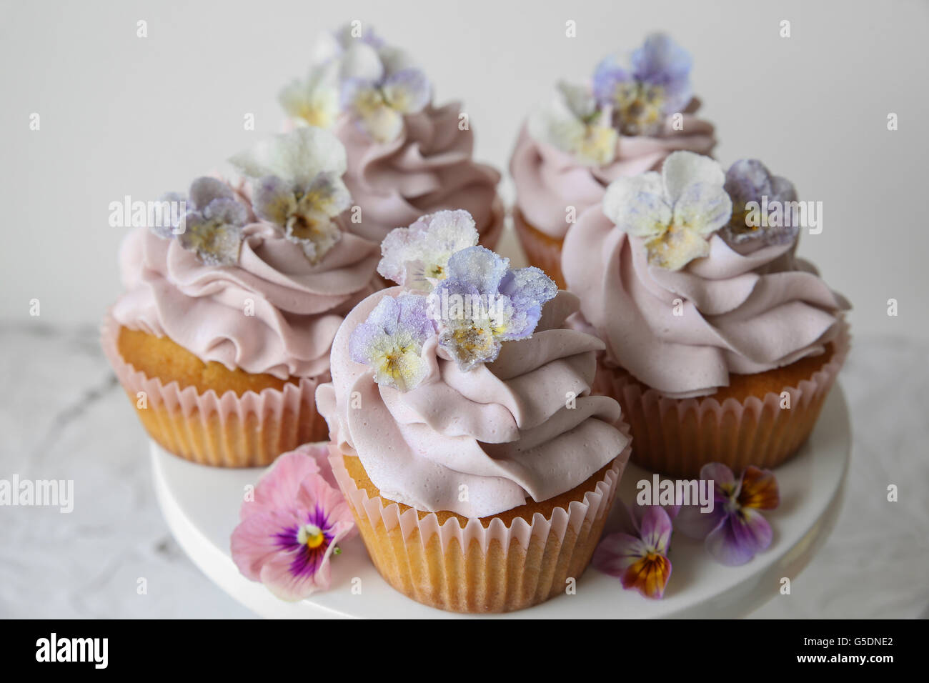 Lila Cupcakes mit gezuckerten essbare Blumen auf Etagere Stockfoto