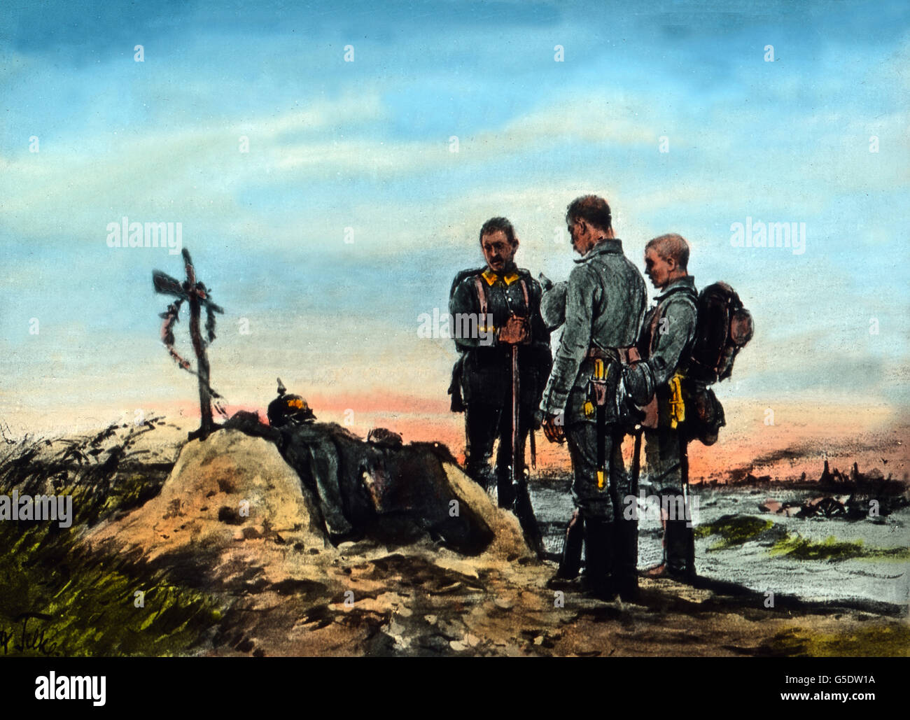 Deutsche Soldaten bin Grabe des Kameraden. Deutsche Soldaten an einem Kameraden Grab zu beten. Deutschland, Krieg, Weltkrieg, WWI, 1, Geschichte, historisch, 1910er Jahre, 20. Jahrhundert, archivieren, Carl Simon, Farbglas von hand schieben, Deutsch, Soldat, Gebet, beten, Stockfoto