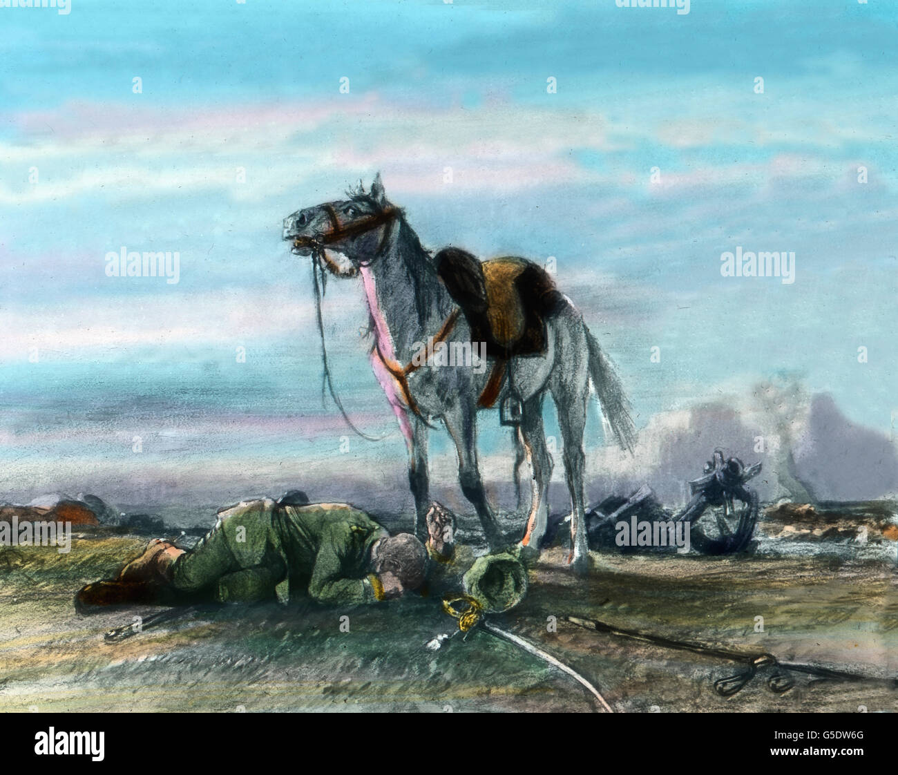 Getreu Bis in Den Tod. Ein Kavalleriepferd Wartet Bei seit Gefallenen Reiter. Ein deutscher Kavallerie Pferd wartet in der Nähe seiner getöteten Soldaten. Deutschland, Krieg, Weltkrieg, WWI, 1, Geschichte, historisch, 1910er Jahre, 20. Jahrhundert, archivieren, Carl Simon, Farbglas von hand schieben, Deutsch, Kavallerie, glauben, Pferd, Körper, Soldat, Leiche, tot, Tod Stockfoto