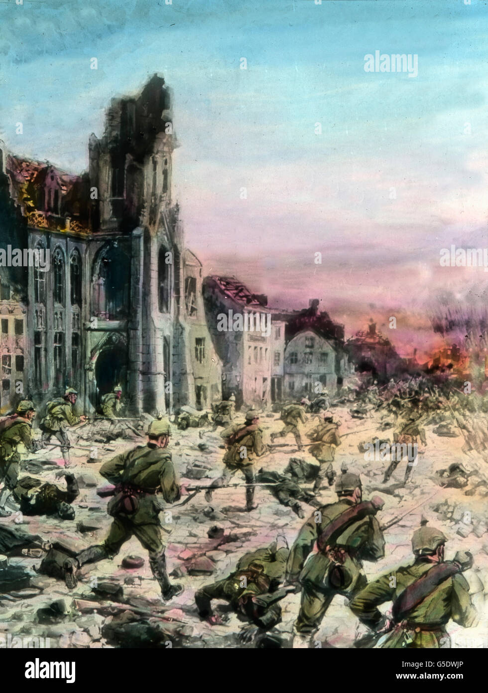 Deutsche Soldaten Bei Einem Sturmangriff. Deutsche Soldaten anzugreifen. Deutschland, Krieg, Weltkrieg, WWI, 1, Geschichte, historisch, 1910 s, 20. Jahrhundert, archivieren, Carl Simon, hand Farbglas Folie, deutschen, Angriff, laufen, einheitliche, kämpfen, kämpfen, kämpfen, Infanterie Stockfoto