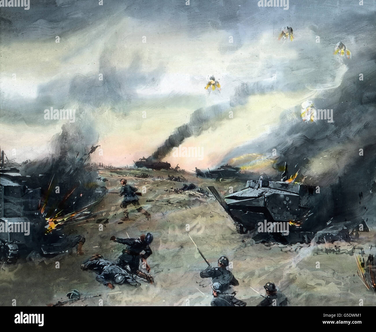 Panzerwagen Im Granatfeuer. Panzer Granate angegriffen. Deutschland, Krieg, Weltkrieg, WWI, 1, Geschichte, historisch, 1910er Jahre, 20. Jahrhundert, archivieren, Carl Simon, von hand farbige Glas-Folie, Deutsch, Schlacht, Feuer, Granaten, Artillerie, Infanterie, Soldaten, Panzer Stockfoto