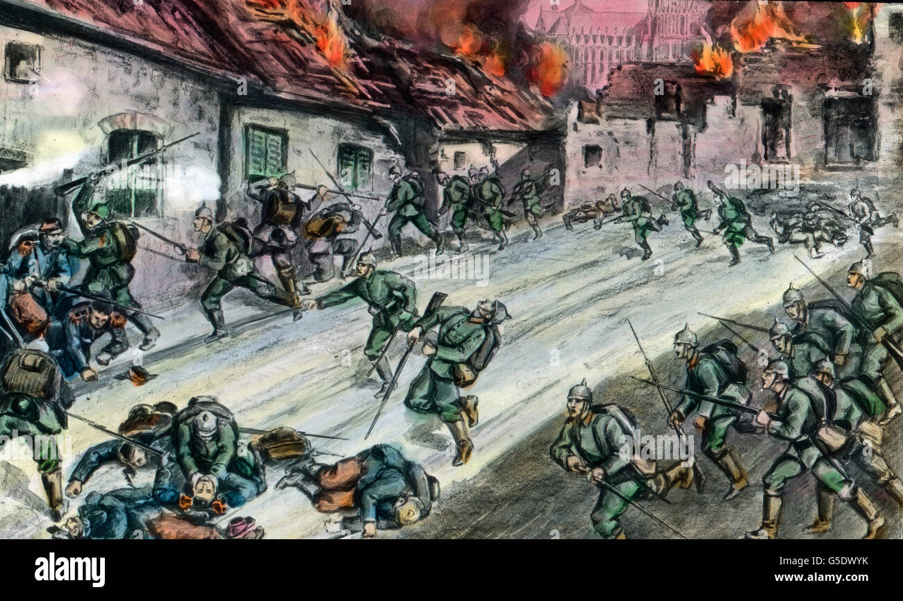 Kämpfe in Einem beschäftigte Dorf. Deutsche Soldaten in einem französischen Dorf. Deutschland, Krieg, Weltkrieg, WWI, 1, Geschichte, historisches, 1910 s, 20. Jahrhundert, archivieren, Carl Simon, hand Farbglas Folie, Deutschland, Frankreich, Soldaten, Truppen, Kämpfe, Feuer, kämpfen, kämpfen Stockfoto