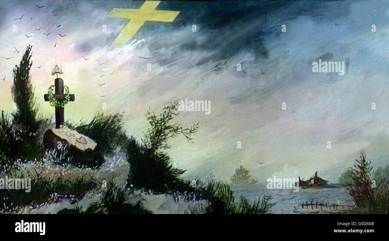 Allegorie Zum Grabmal des Unbekannten Soldaten. Allegorie auf das Grab des unbekannten Soldaten. Deutschland, Krieg, Weltkrieg, WWI, 1, Geschichte, historisch, 1910er Jahre, 20. Jahrhundert, archivieren, Carl Simon, Farbglas von hand schieben, Deutsch, Grab, Kreuz, Schwalbe, Allegorie Stockfoto