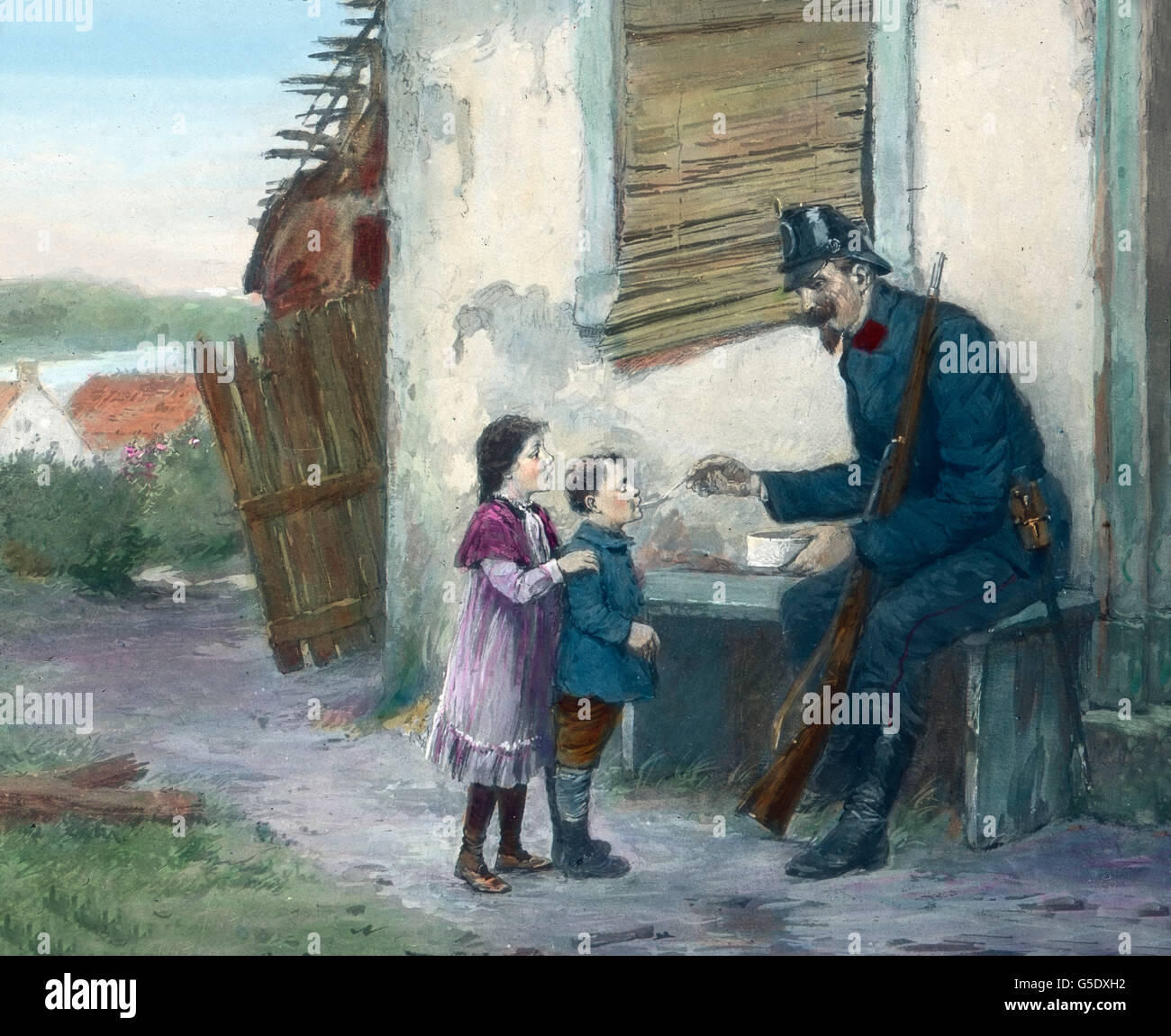 Ein Deutscher Soldat Gibt werden ging in Frankreich Etwas Zu Essen. Ein deutscher Soldat, französische Kinder füttern. Deutschland, Krieg, Weltkrieg, WWI, 1, Geschichte, historisch, 1910er Jahre, 20. Jahrhundert, archivieren, Carl Simon, Farbglas von hand schieben, Deutsch, Soldat, Kinder, junge, Mädchen, Essen, Essen, teilen, Uniform, Ruinen Stockfoto