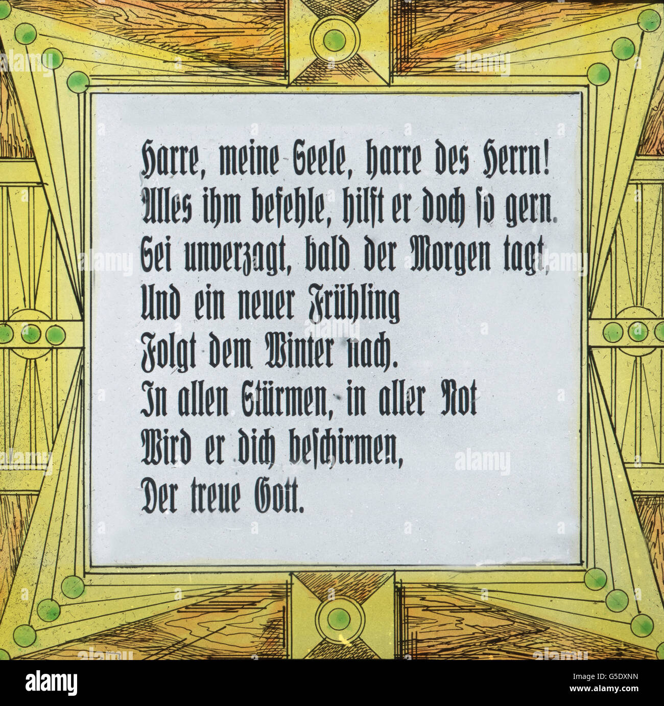 Harre, Meine Seele... Songtexte von einem religiösen Gesang, Datenänderungen im Jahre 1845. Deutschland, Krieg, Weltkrieg, WWI, 1, Geschichte, historisch, 1910er Jahre, 20. Jahrhundert, archivieren, Carl Simon, Farbglas von hand schieben, Deutsch, Religion, glauben, Kirche, Lied, Gesang, Lied, Songtexte, Worte, Stockfoto