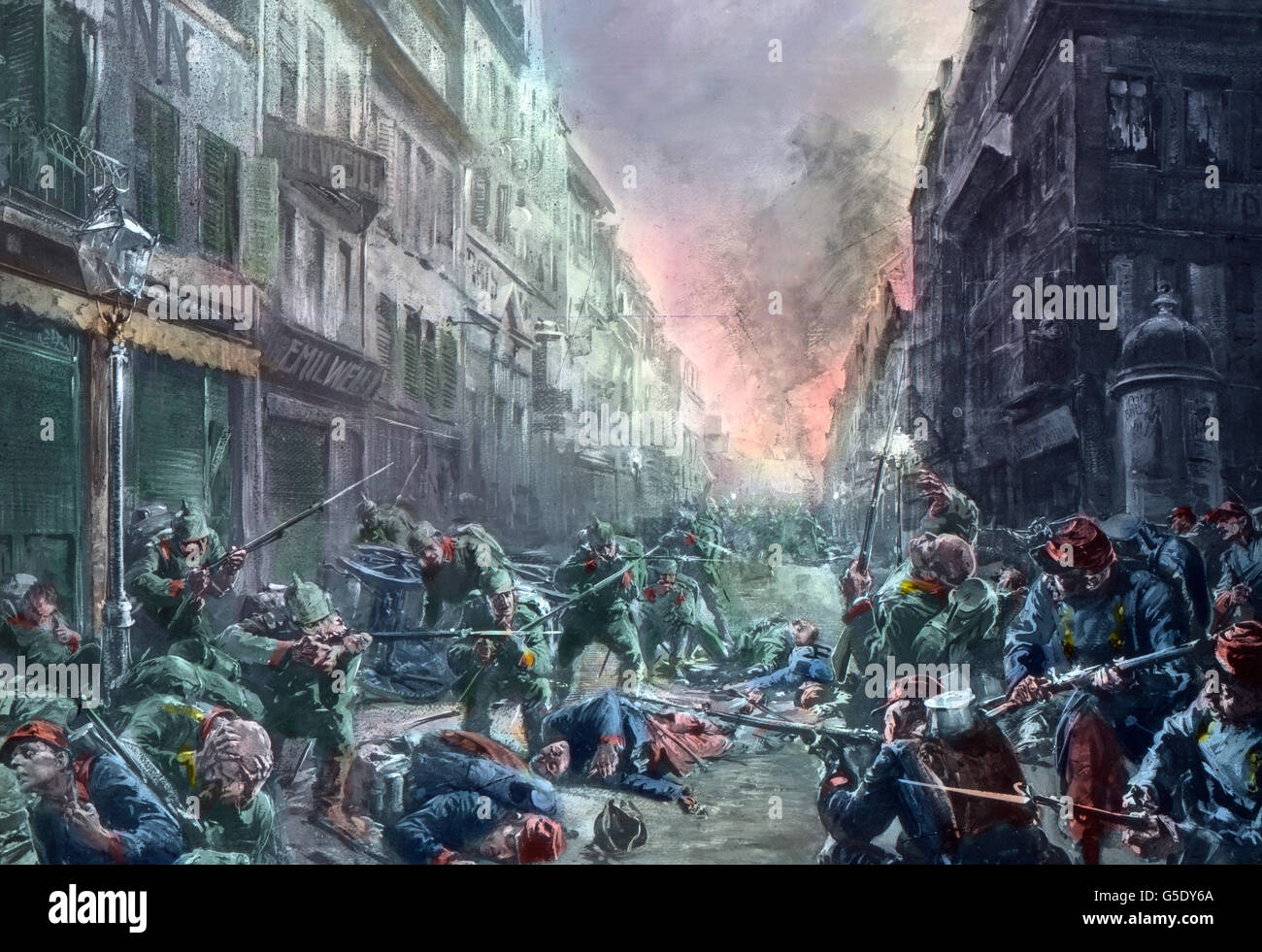 Soldaten Im Straßenkampf. Soldaten kämpfen in den Straßen. Deutschland, Krieg, Weltkrieg, WWI, 1, Geschichte, historisch, 1910er Jahre, 20. Jahrhundert, archivieren, Carl Simon, Farbglas von hand schieben, Deutsch, Soldaten, Kampf, kämpfen, Stadt, Straßen, Französisch, tot, verwundet, Leiche, Stockfoto