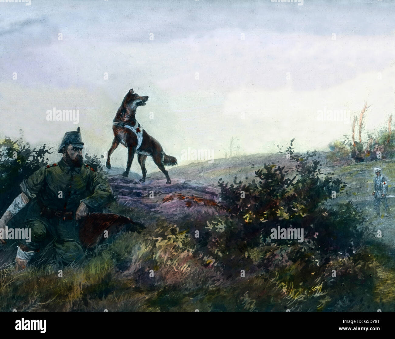 Ein Sanitätshund Semesters Einen Verletzten Deutschen Soldaten. Ein Hund mit einem Corpsman findet einen verwundeten deutschen Soldaten. Deutschland, Krieg, Weltkrieg, WWI, 1, Geschichte, historisch, 1910er Jahre, 20. Jahrhundert, archivieren, Carl Simon, von hand farbige Glas-Folie, Deutsch, rotes Kreuz, erste Hilfe, Hund, verwundet, Soldat, Schlachtfeld, Illustration Stockfoto