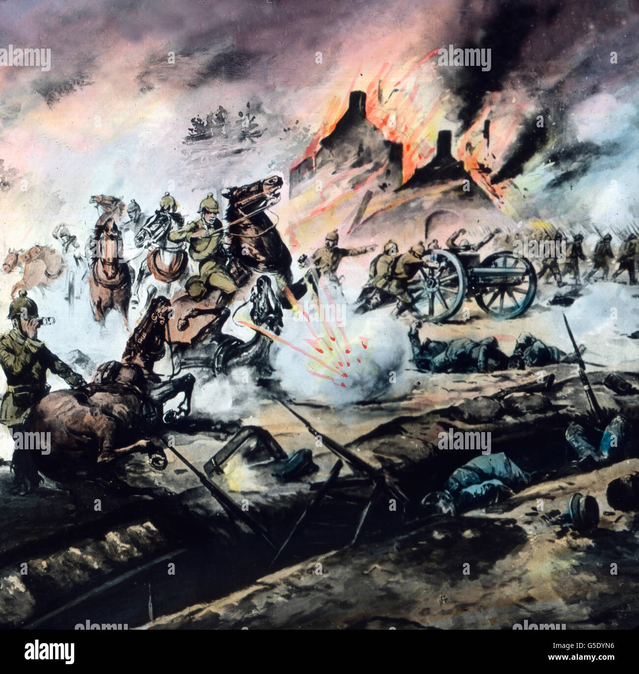 Schlachtengetümmel. In der Schlacht. Deutschland, Krieg, Weltkrieg, WWI, 1, Geschichte, historisch, 1910er Jahre, 20. Jahrhundert, archivieren, Carl Simon, Farbglas von hand schieben, Deutsch, Kampf, Kampf, kämpfen, Soldaten, Kanonen, Pferde, Kavallerie Stockfoto