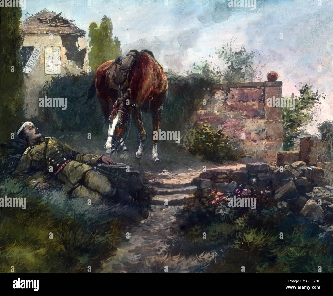 Ein Pferd Wacht Bei seit Verwundeten Reiter. Ein Pferd in der Nähe von seinem Wiounded Reiter warten. Deutschland, Krieg, Weltkrieg, WWI, 1, Geschichte, historisch, 1910er Jahre, 20. Jahrhundert, archivieren, Carl Simon, von hand farbige Glas-Folie, Deutsch, Soldat, Pferd, warten, verwundet, ruinieren, glauben Stockfoto