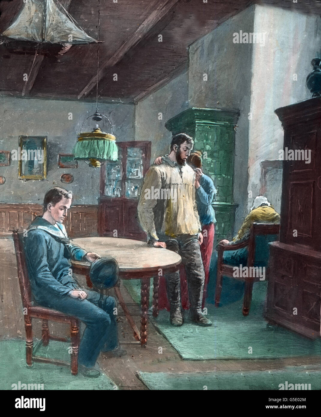 Aus eingeladen. Ein Genosse bringt traurige Nachricht. Deutschland, Krieg, Weltkrieg, WWI, 1, Geschichte, historisch, 1910er Jahre, 20. Jahrhundert, archivieren, Carl Simon, Farbglas von hand schieben, Deutsch, Familie, Soldat, Kamerad, Nachrichten, Nachricht, Trauer, Verlust Stockfoto