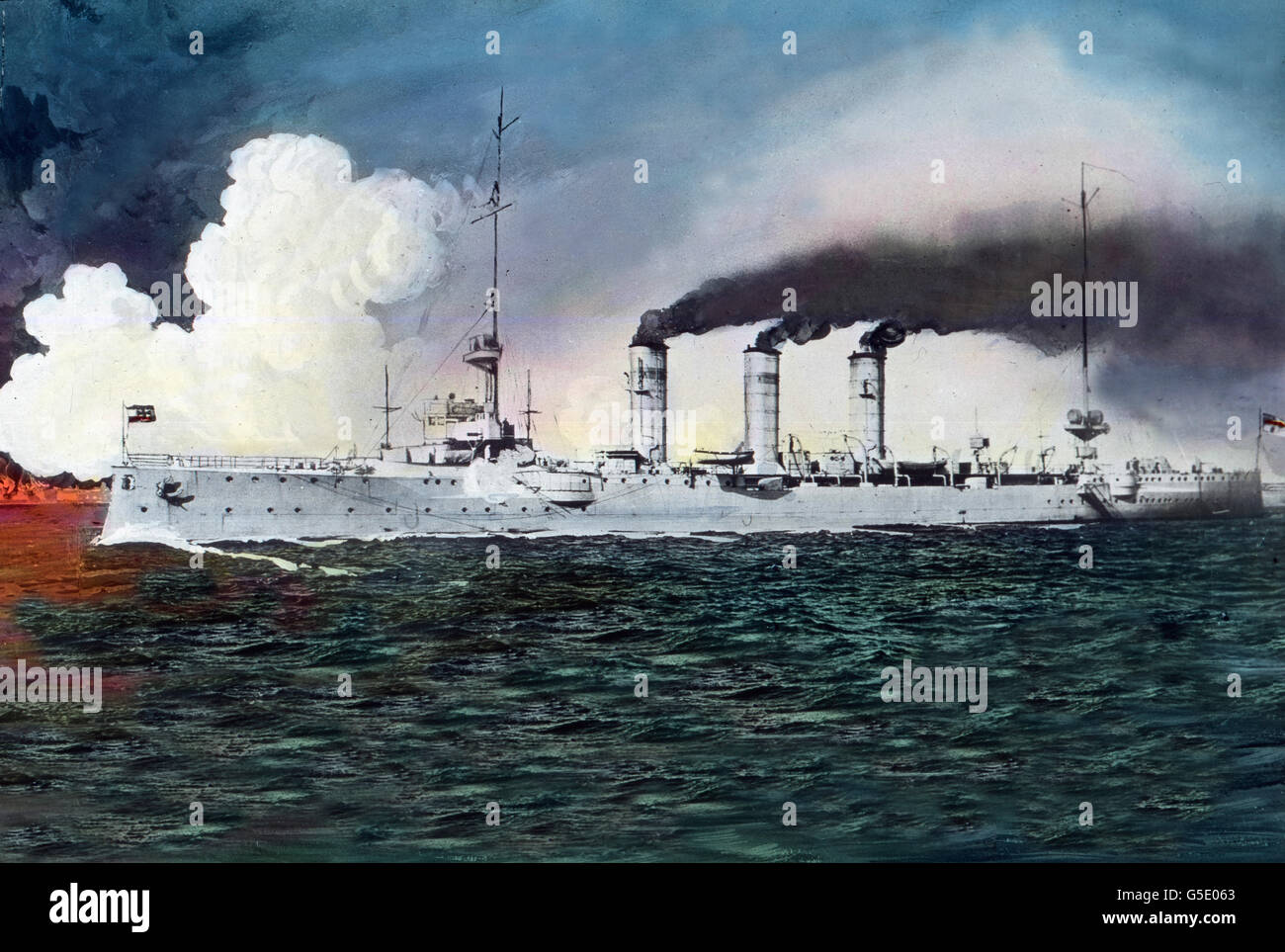 Kreuzerkrieg. Krieg auf dem Meer. Deutschland, Krieg, Weltkrieg, WWI, 1, Geschichte, historisches, 1910 s, 20. Jahrhundert, archivieren, Carl Simon, hand Farbglas Folie, Deutsch, Imperial, Marine, Ozean, Kriegsschiff, kämpfen, kämpfen Stockfoto