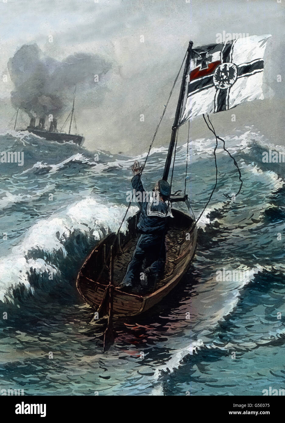 Der Letzte Mann. Letzte Mann des Schiffes.  Deutschland, Krieg, Weltkrieg, WWI, 1, Geschichte, historisch, 1910er Jahre, 20. Jahrhundert, archivieren, Carl Simon, Farbglas von hand schieben, Deutsch, Seemann, Rettungsboot, Flagge, Imperial, Navy, speichern Stockfoto