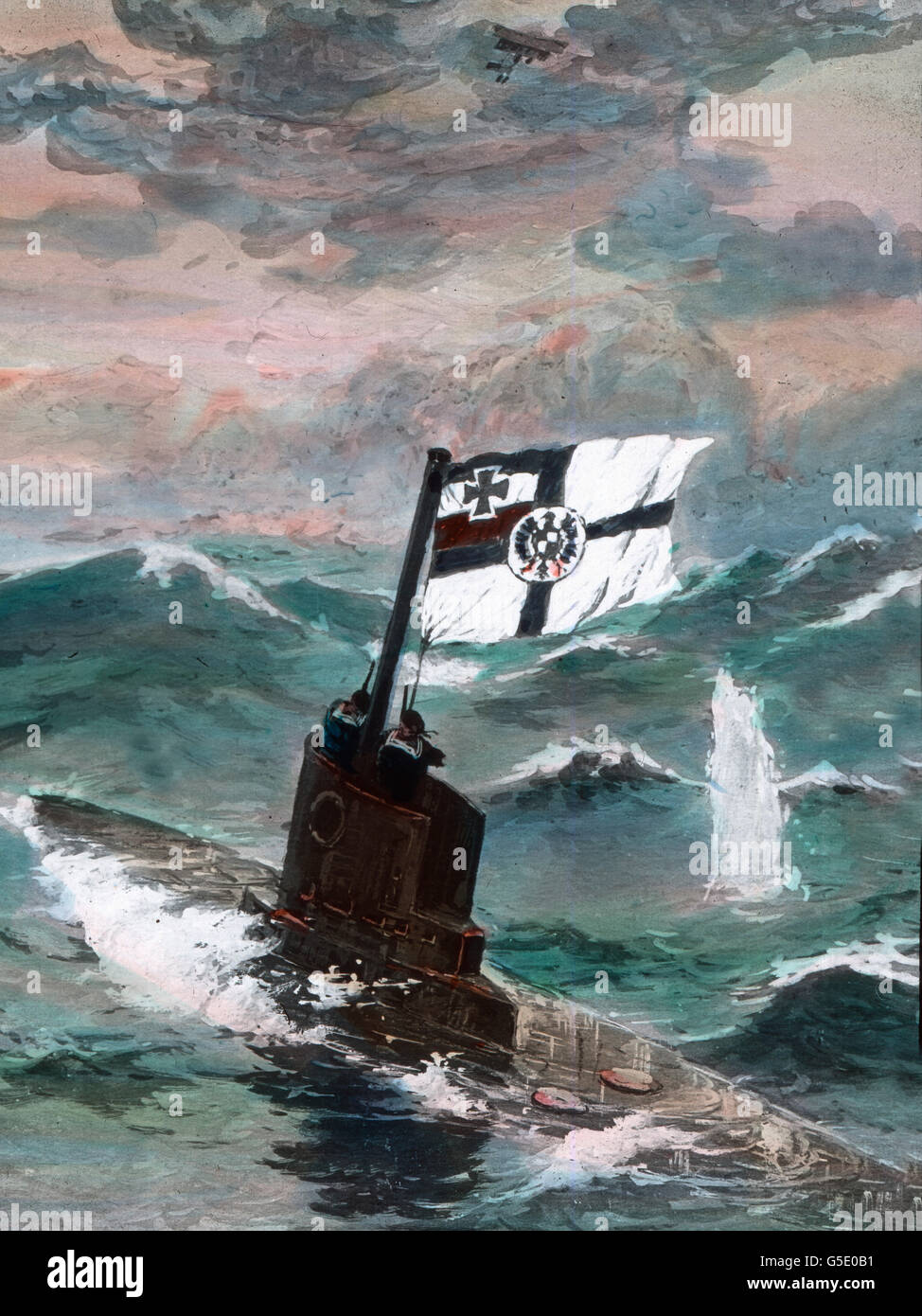 Der Letzte Mann. Letzte Mann des Schiffes.  Deutschland, Krieg, Weltkrieg, WWI, 1, Geschichte, historisch, 1910er Jahre, 20. Jahrhundert, archivieren, Carl Simon, Farbglas von hand schieben, Deutsch, Seemann, Rettungsboot, Flagge, Imperial, Navy, Doppeldecker Stockfoto