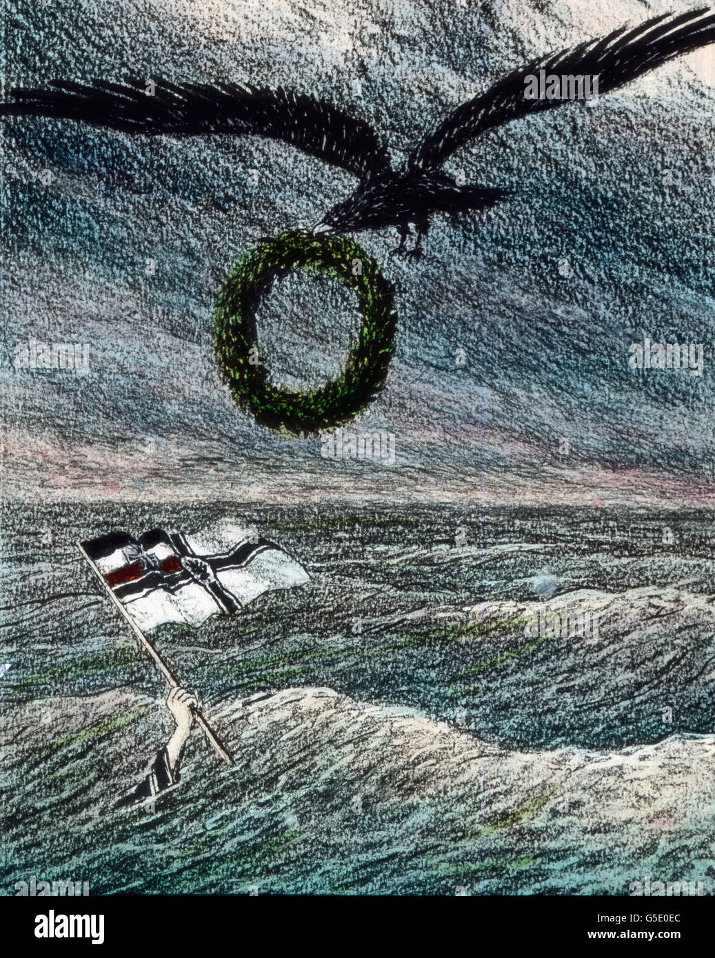 Otto Eduard Weddigens greifen. Das nasse Grab von Otto Eduard Weddigen. Deutschland, Krieg, Weltkrieg, WWI, 1, Geschichte, historisch, 1910er Jahre, 20. Jahrhundert, archivieren, Carl Simon, Farbglas von hand schieben, Deutsch, Allegorie, Meer, Adler, Krone, Flagge, Arm, Patriotismus, Propaganda, Abbildung Stockfoto