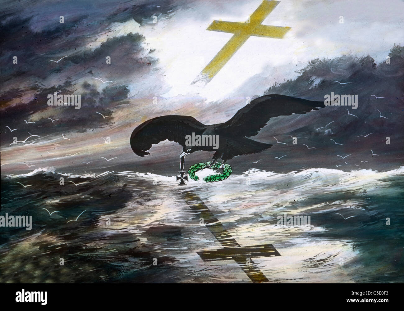 Seemannsgrab. Sailors Grab. Deutschland, Krieg, Weltkrieg, WWI, 1, Geschichte, historisch, 1910er Jahre, 20. Jahrhundert, archivieren, Carl Simon, Farbglas von hand schieben, Deutsch, Allegorie, Adler, Kreuz, Eisernes Kreuz, Orden, Medaille, Himmel, Ozean, Meer, Stockfoto