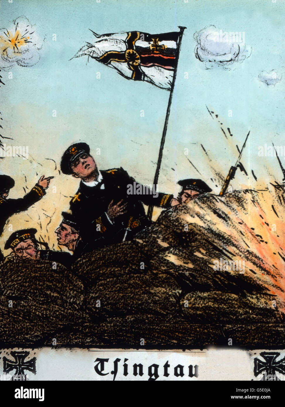 Helden von Tsingtau. Helden von Tsingtau. Deutschland, Krieg, Weltkrieg, WWI, 1, Geschichte, historisch, 1910er Jahre, 20. Jahrhundert, archivieren, Carl Simon, Farbglas Folie, deutsche, Soldaten, sterbenden, Denkmal, Iron cross, explodierende hingegen kennzeichnen, Marine, imperial, Qingdao, China, Kolonie Stockfoto