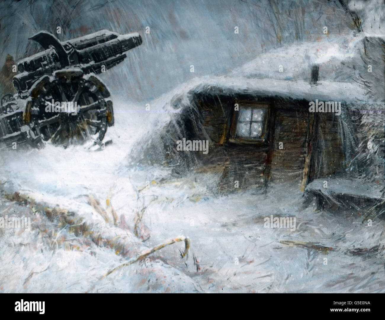 Geschütz Im Winter. Kanone im Schnee. Deutschland, Krieg, Weltkrieg, WWI, 1, Geschichte, historisch, 1910er Jahre, 20. Jahrhundert, archivieren, Carl Simon, Farbglas von hand schieben, Deutsch, Winter, Schnee, Hütte, Waffe, Kanone, Stockfoto